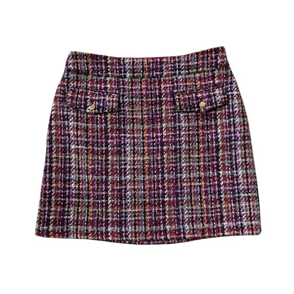 LOFT Dresses & Skirts - LOFT Classic Burgundy Multicolor Tweed Mini Skirt Size 8 NWT Gold Button